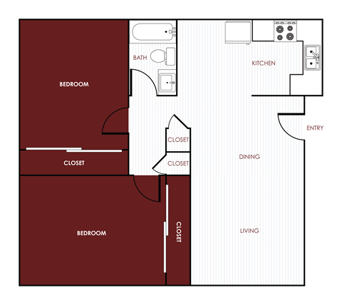 Floor plan for 2 beds, 1 bath, 900 sqft